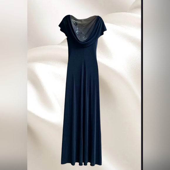 Patra Women's Sheer Embroidered Neckline Maxi Dress Navy Blue - Picture 2 of 6